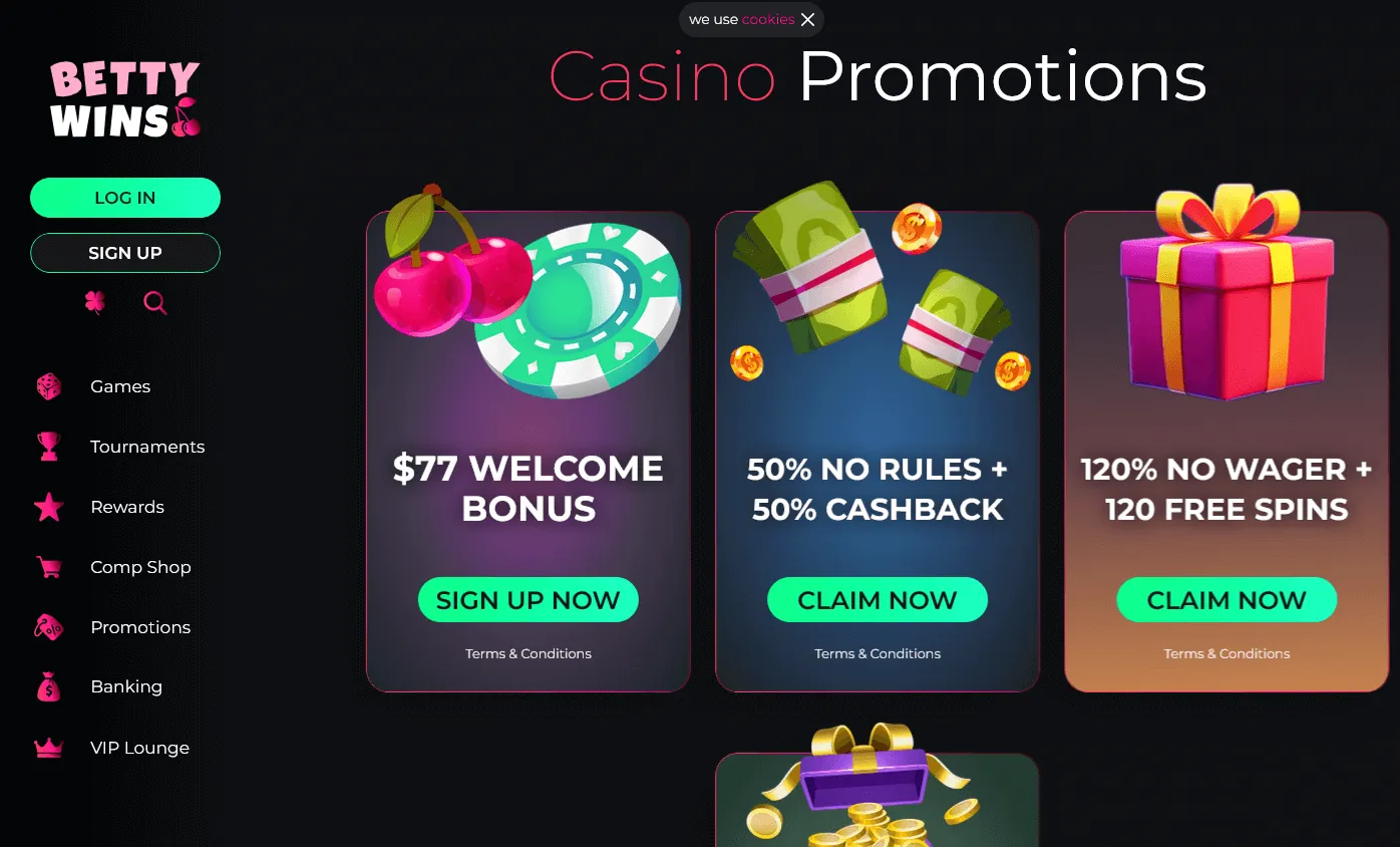 Betty Wins Casino desktop promotions screen